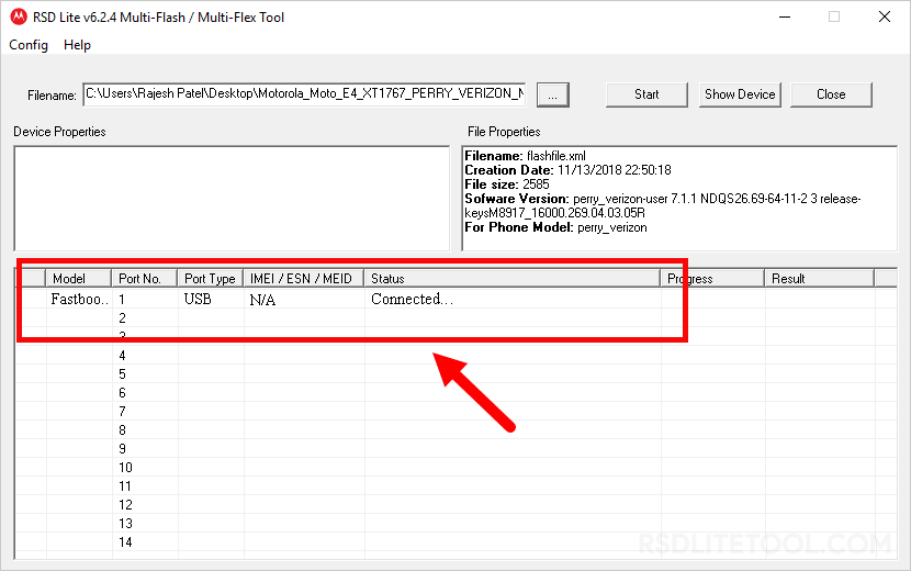 RSD Lite Tool Device Connected